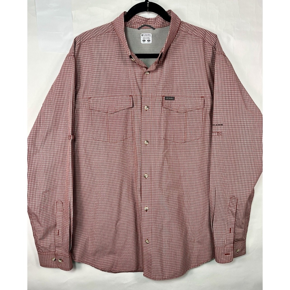 Columbia Men's Red and White Small Check Button-Down Shirt